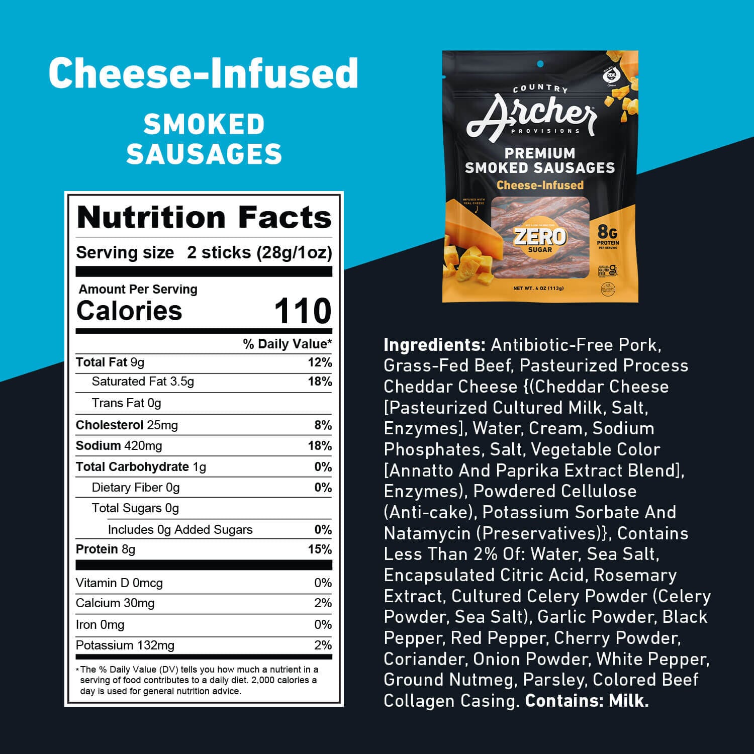 Country Archer Cheese-Infused Smoked Sausages, Zero Sugar nutritional facts