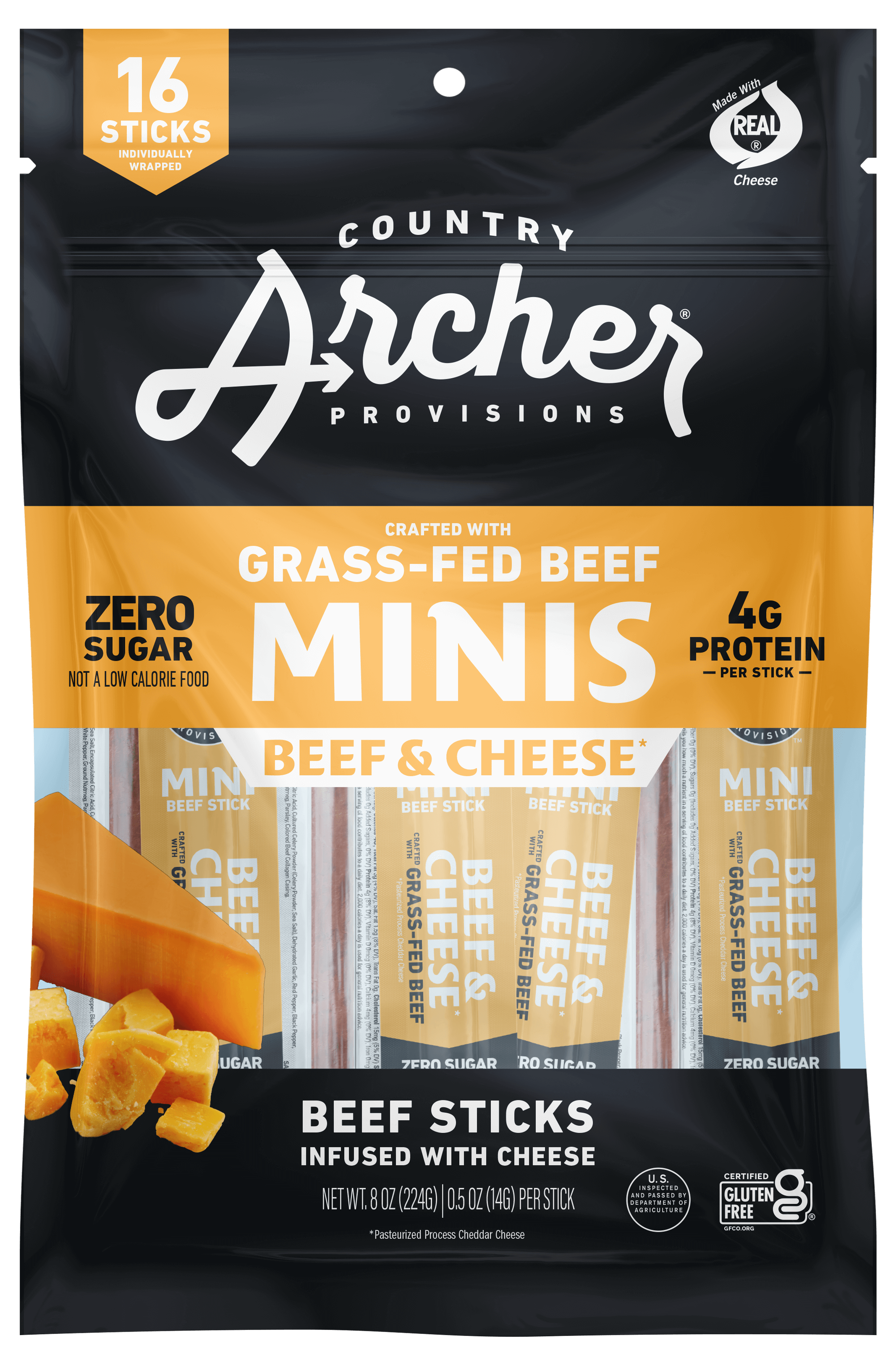 Country Archer Beef and Cheese Mini Sticks, Grass-Fed Beef front of package