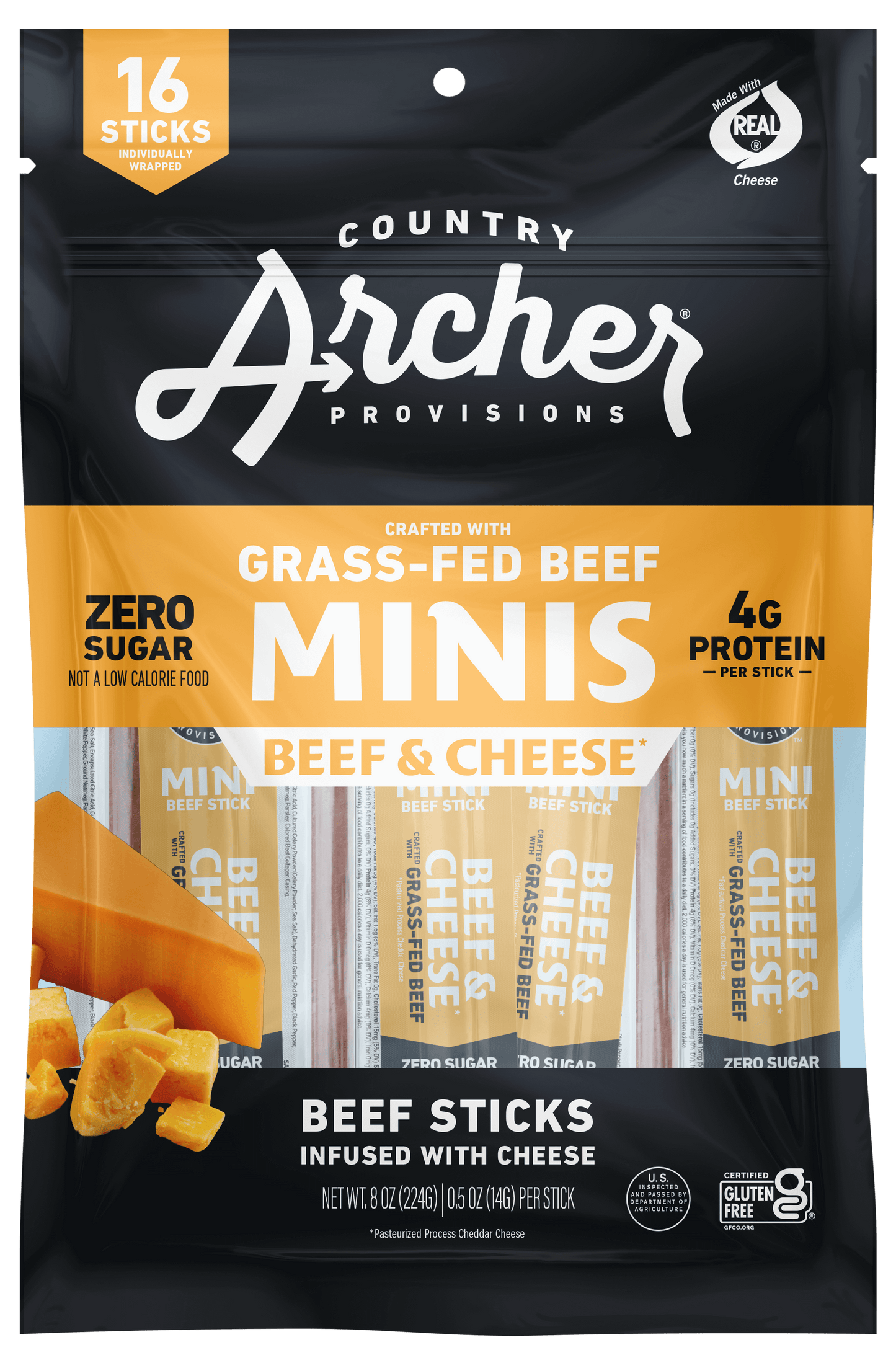 Country Archer Beef and Cheese Mini Sticks, Grass-Fed Beef front of package