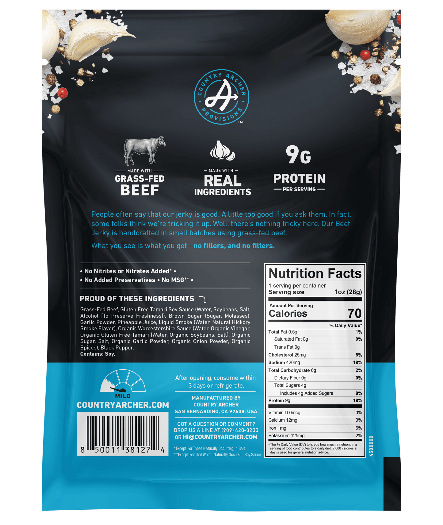 Country Archer Grass-Fed Beef Jerky Original 1 oz package, back of package