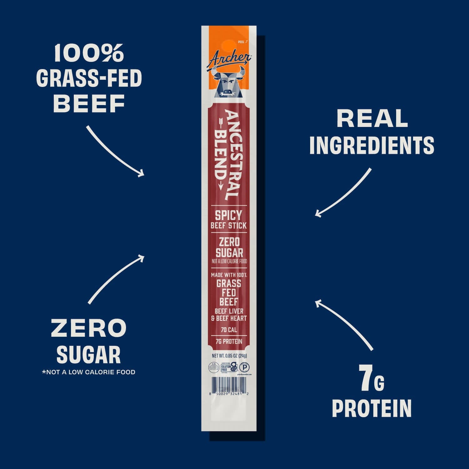 Archer 1 ounce Spicy Ancestral Beef Stick package with featured benefits