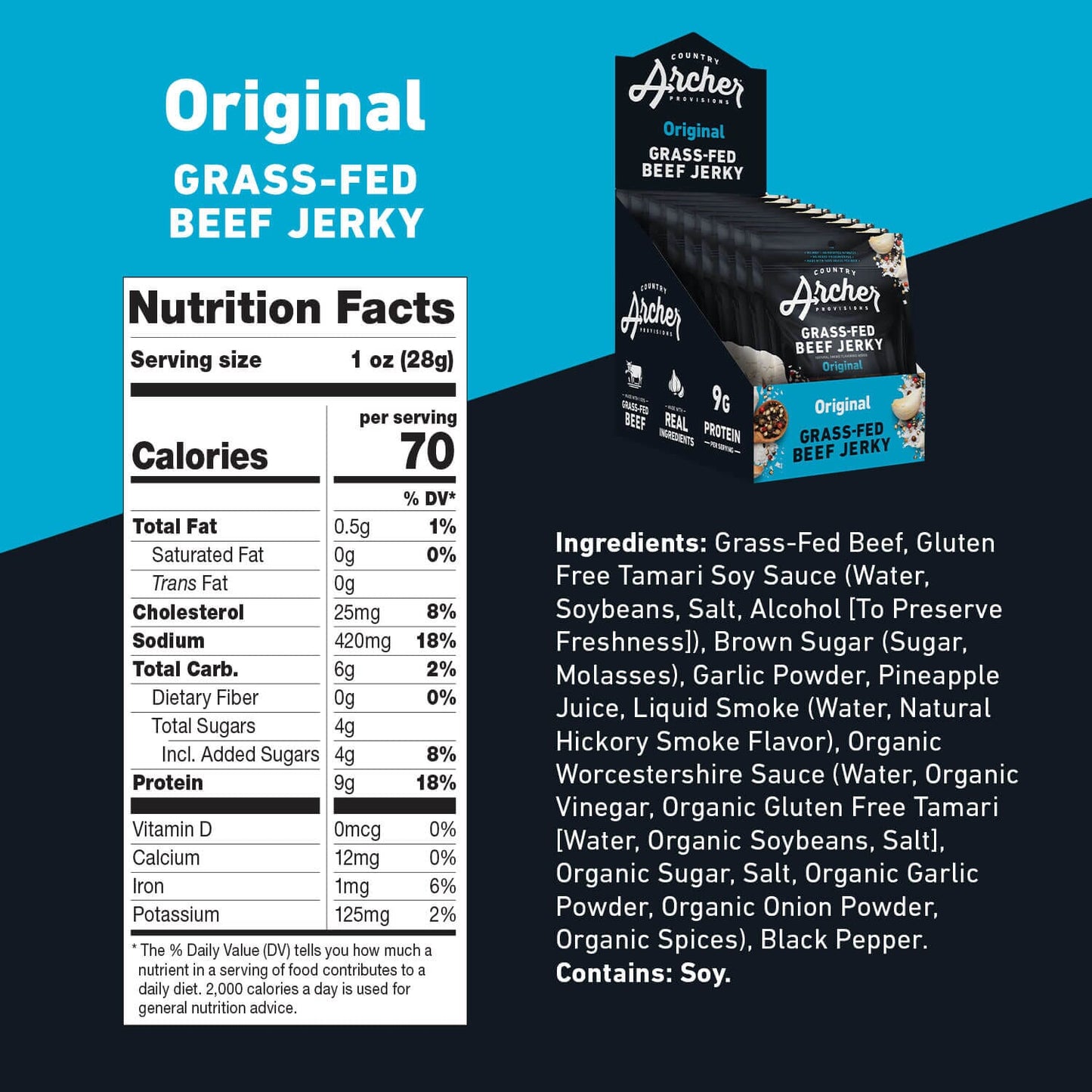 Country Archer Grass-Fed Beef Jerky Original 1 oz package, nutrition facts