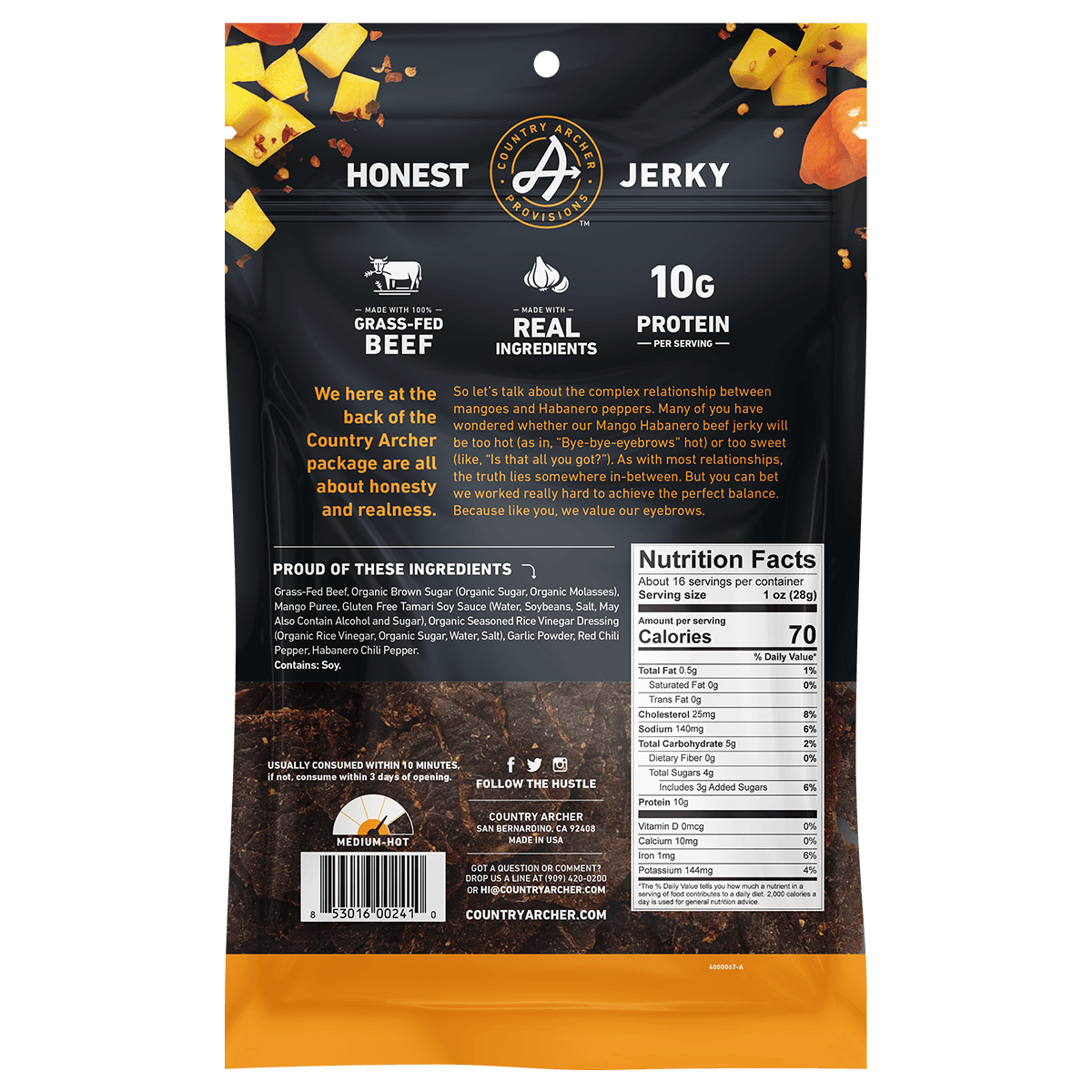  Mango Habanero Beef Jerky by Country Archer, Mango Habanero Beef Jerky, Beef, mango-habanero-beef-jerky, , 2.5oz Bag