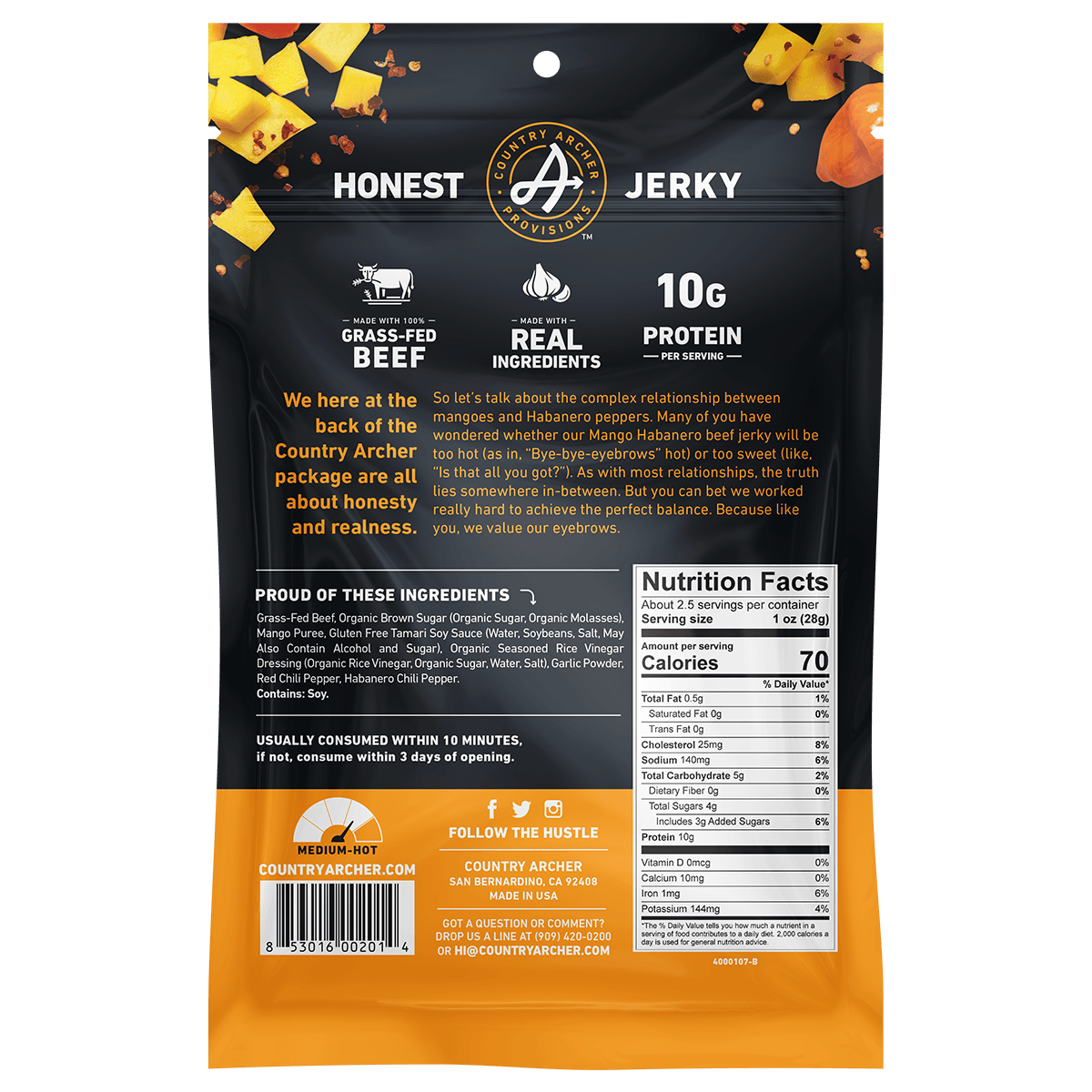  Mango Habanero Beef Jerky by Country Archer, Mango Habanero Beef Jerky, Beef, mango-habanero-beef-jerky, , 2.5oz Bag