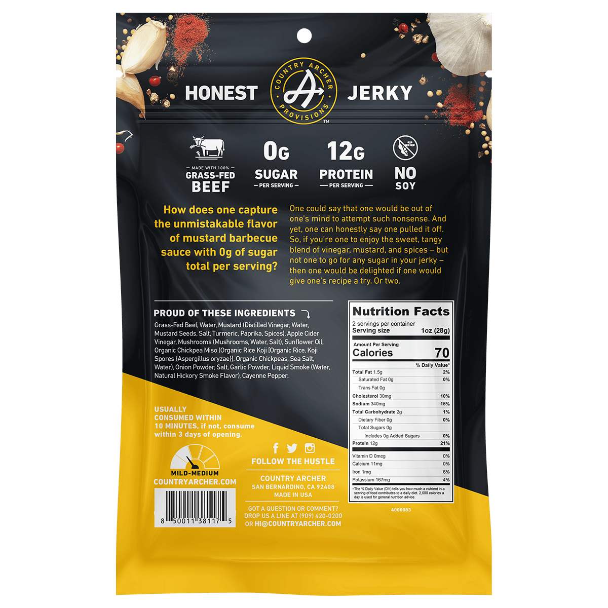  Zero Sugar Mustard BBQ Beef Jerky by Country Archer, Zero Sugar Mustard BBQ Beef Jerky, Beef - Gluten-Free - High Protein - Jerky - Jerky_Day_Promo - Keto - No Preservatives - Organic Ingredients - Paleo, zero-sugar-mustard-bbq-beef-jerky, , 2oz Bag